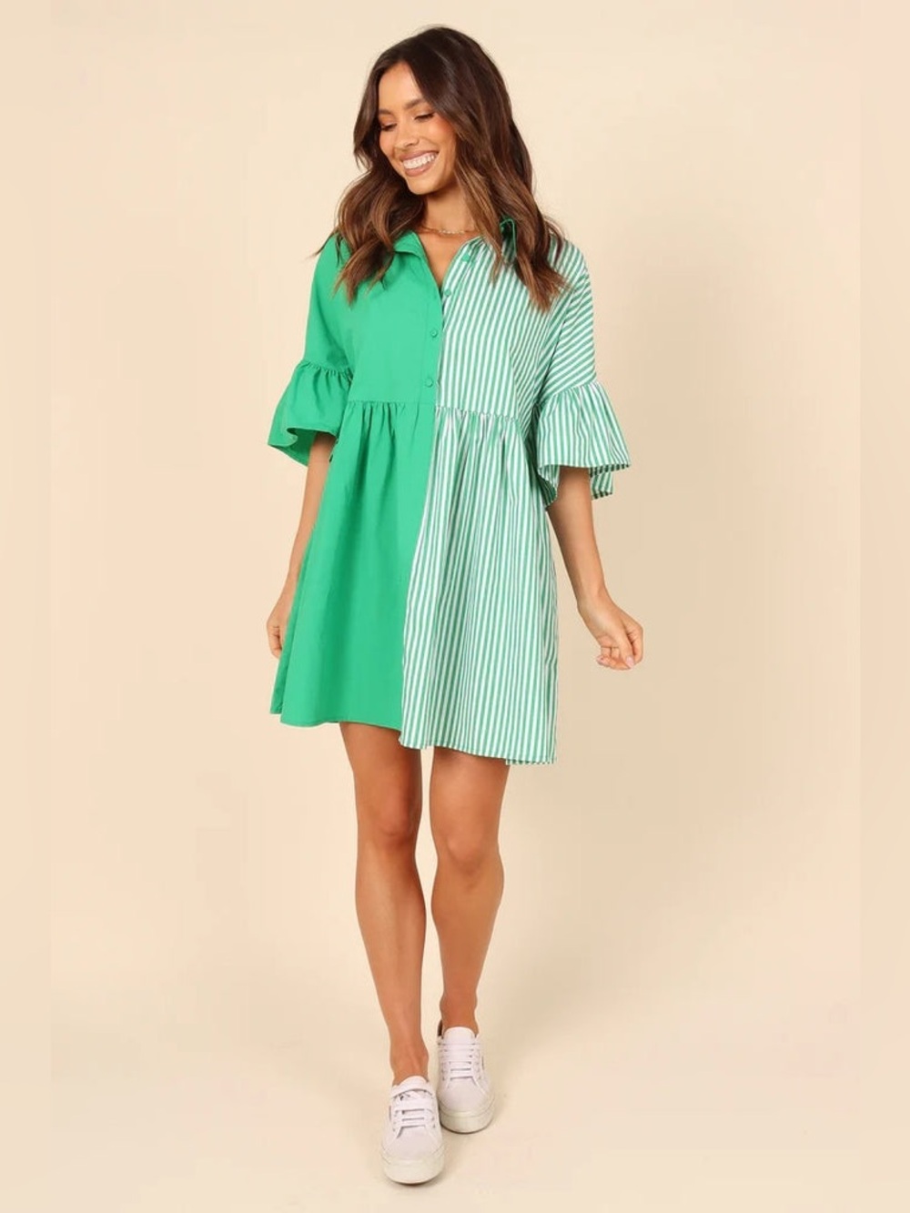 NWT Petal & Pup Didi Frill Mini Dress Color: Green Stripe Size: Medium